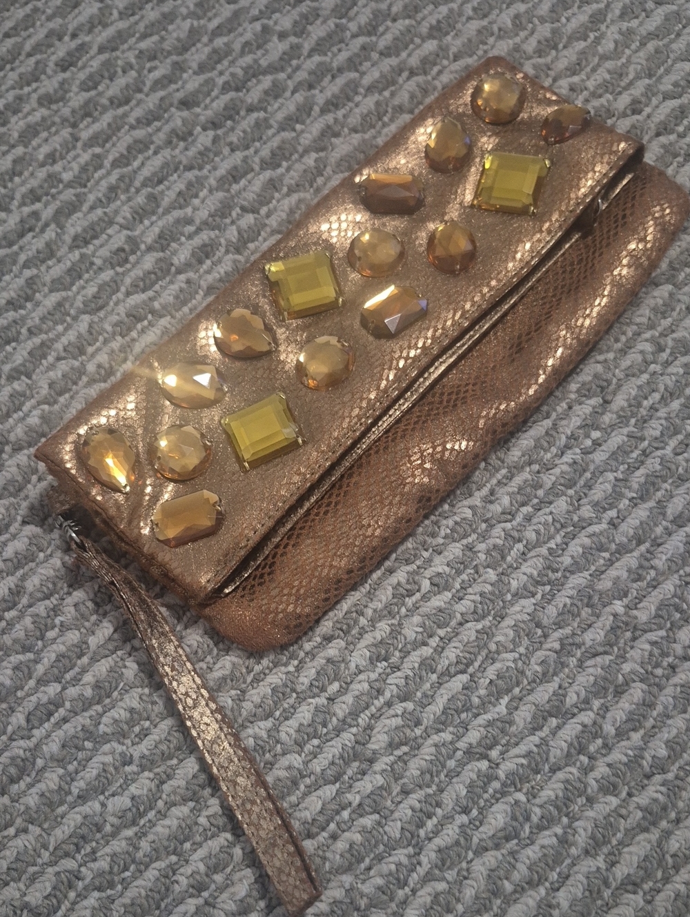 Jeweled Rose Gold Wristlet Clutch with Yellow Gem Accents